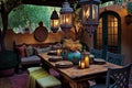 patio with sitting area, dining table and hanging lanterns
