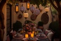 patio with sitting area, dining table and hanging lanterns