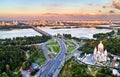 Paton Bridge and a church in Kiev, Ukraine