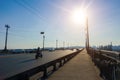 Paton Bridge in Kiev. Motorcyclist rides on a bridge