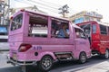 Patong, Phuket Thailand, January 5, 2020: pink tuk tuk is waiting for customers and tourists on the roadside, the taxi