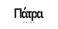 Patra in the Greece emblem. The design features a geometric style, vector illustration with bold typography in a modern font. The