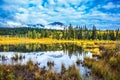 Patricia Lake amongst the evergreen forests and distant mountains