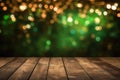 Blurred green garland and empty wooden table top as background. Generative AI