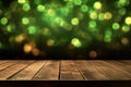 Blurred green garland and empty wooden table top as background. Generative AI