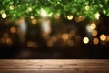 Blurred green garland and empty wooden table top as background. Generative AI