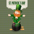 Patrick Day. Cheerful leprechaun green hat to the pot of gold coins. illustration