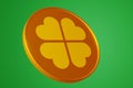 Patrick day. Close-up one gold coin with clover quatrefoil on an isolated background. 3d rendering