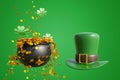 Patrick day. Iron cauldron full of gold coins and a leprechaun hat on an isolated background. 3d rendering