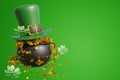 Patrick day. An iron cauldron full of gold coins in a leprechaun hat, isolated on a green background. 3d rendering Royalty Free Stock Photo