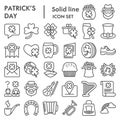 Patrick day line icon set. Saint Patricks symbols collection, logo illustrations, sketches. Leprechaun signs for web