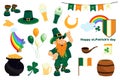 Patrick day mega set in flat design. Bundle elements of green clover, boots, hat, rainbow, gold coins cauldron, leprechaun, beer