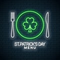 Patrick day neon menu. Fork and knife with plate