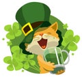 Patrick day party red cute cat drinking green beer on background of lucky clover leaves Royalty Free Stock Photo