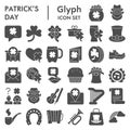 Patrick day solid icon set. Saint Patricks symbols collection, logo illustrations, sketches. Leprechaun signs for web