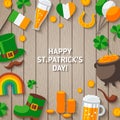 Patrick Day Wooden Background with Irish Icons.