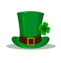 Patrick hat. Green hat with four leaf clover isolated on white background. Happy St. Patrick`s day.