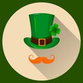 Patrick hat. Green hat with four leaf clover and red mustache. Flat style with long shadow. Happy St. Patrick`s day.