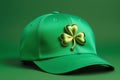 Patrick hat in vibrant green with embroidered clover leaves, isolated against a monochromatic green background