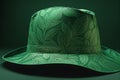 Patrick hat in vibrant green with embroidered clover leaves, isolated against a monochromatic green background