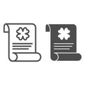 Patrick holiday announcement line and solid icon. Paper sheet with clover outline style pictogram on white background