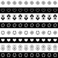 Patrick`s Day Ribbon Black and White Set. Vector illustration of Seamless borders. Clover leaves, horseshoe, heart