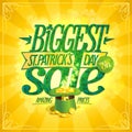 Patrick`s day sale banner with green leprechaun hat full of golden coins, bright yellow backdrop Royalty Free Stock Photo