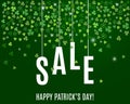 Patrick`s day sale banner template with shamrock leaves on dark green background. Vector