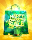 Patrick`s day sale poster concept with green paper bag, leprechaun hat Royalty Free Stock Photo
