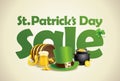 Patrick`s day sale vector poster with beer, leprechaun hat, barrel and jar of golden coins Royalty Free Stock Photo