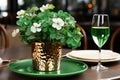 Patrick's Day table plate setting at cafe. Generative AI