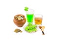 Patrick saint day Clay pot full of beer money and a little whiskey Scotch tape clover wooden Royalty Free Stock Photo
