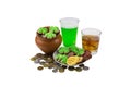 Patrick saint day Scotch whiskey on the rocks with a green beer with snack plate of clover Royalty Free Stock Photo