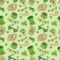 Hand drawn seamless pattern Saint Patrick`s Day traditional symbols Royalty Free Stock Photo