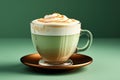 Patricks Day green latte coffee with foam on green background. Generative AI