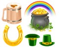 Patricks Day Symbols. Mug of irish beer, rainbow, leprechaun hat, pot coins, golden horseshoe Royalty Free Stock Photo