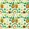 Patricks Day vector seamless pattern. With green irish gnomes, flags and shamrock, rainbow and pot of gold elements.