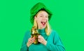 Patricks Day. Winking girl with pot of gold. Smiling woman in Leprechaun hat. Ireland traditions.