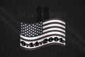Patriot day banner with New York skyline, American flag and text Never forget. September 11, 2001 Royalty Free Stock Photo