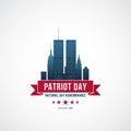 Patriot Day concept design with Twin Towers, red ribbon and text We Will Never forget.