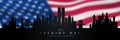 Patriot day design with American blurred flag and panorama New York City skyline. Royalty Free Stock Photo
