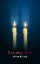 Patriot day poster with candles, two skyscrapers shape and text Never forget. Royalty Free Stock Photo