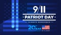 9-11 Patriot Day Always Remember 9.11.2001 20 Years Anniversary with American flag - banner template blue lights