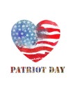 Patriot Day the 11th of september. Watercolor heart shaped american flag. Hand drawn illustration.