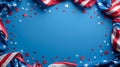Patriotic American Flag Border Frame with Red and White Stripes and Star Confetti on Blue Background for National Holidays Royalty Free Stock Photo