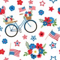 Patriotic american floral bicycle with flags, and balloons seamless pattern on white background Royalty Free Stock Photo