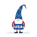 Patriotic american gnome. Cute scandinavian dwarf. Elf celebrate Independence day in the United States. Happy 4th of