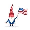 Patriotic american gnome. Cute scandinavian dwarf with flag. Elf celebrate Independence day in the United States. Happy