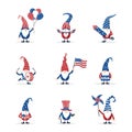 Patriotic american gnomes celebrate Independence day in the United States. Set of cute scandinavian elves with festive 4