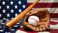 Patriotic Baseball Equipment on American Flag, National pastime, Copy-Space Royalty Free Stock Photo